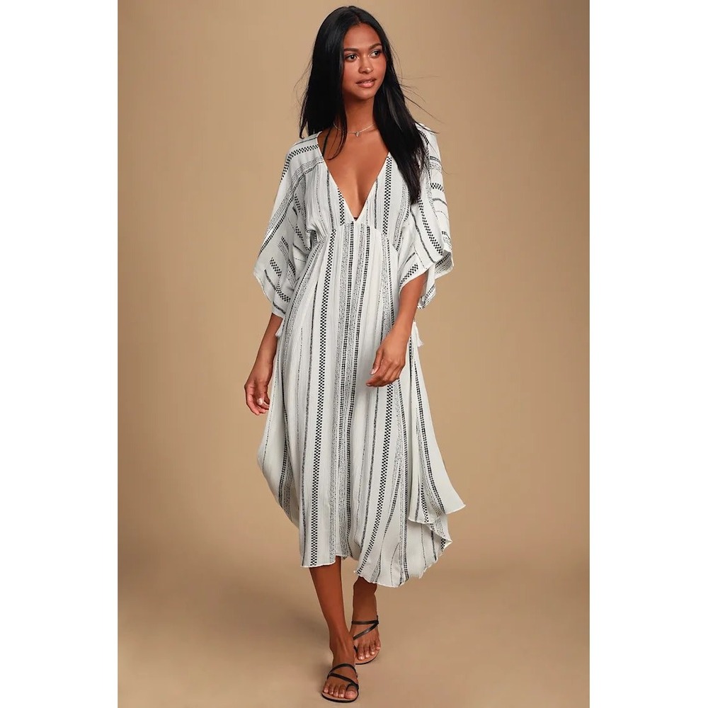 Lulus White Black Striped Hem Boho Midi Dress Small